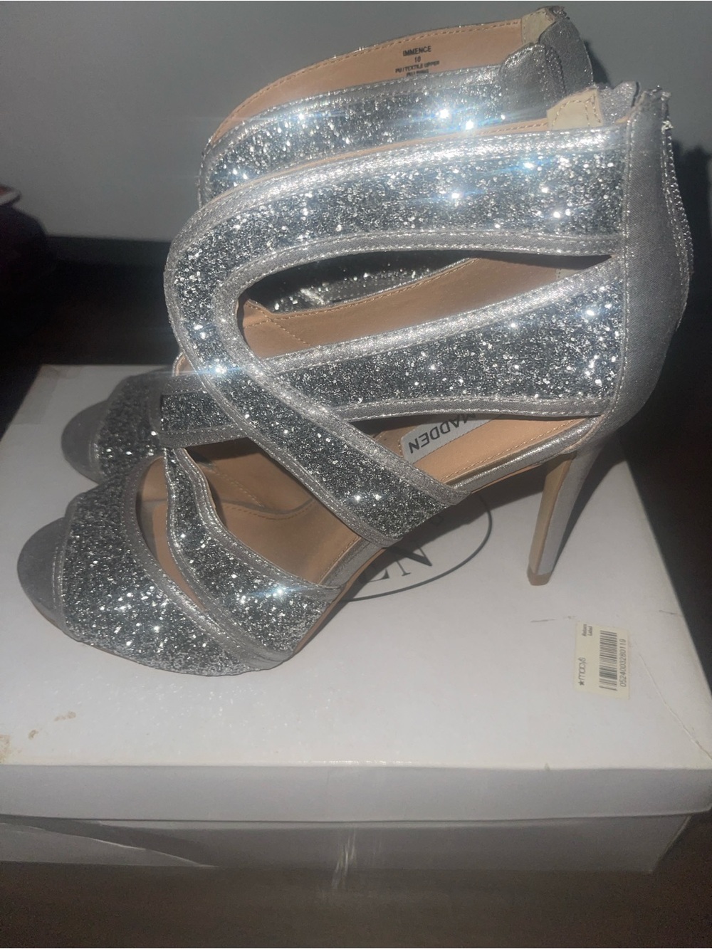 Steve Madden Silver Glitter Strappy High Heels - Picture 4 of 6
